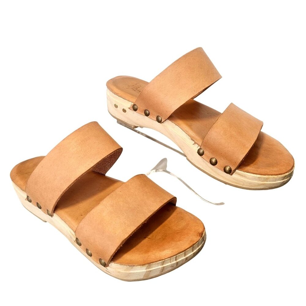 Beek Wood Clog Leather Sandals Womens Size 7 Natural Tan Double Strap Slip On